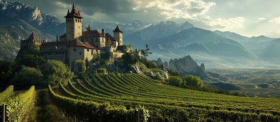 Medieval landscape with castle on top of a mountain surrounded by vineyard plantations