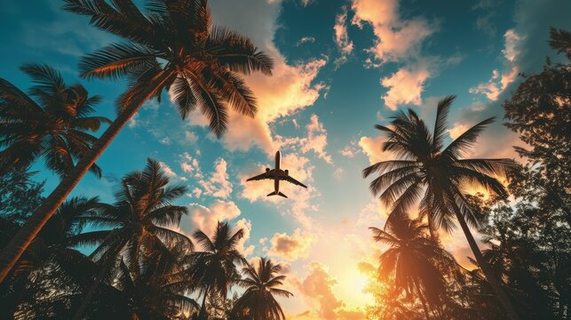 A commercial plane flying above palm trees at sunset, jet plane flying over tropical island