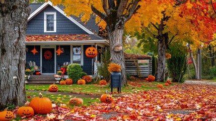 Facade of a house in autumn decorated with pumpkins and trees with orange leaves