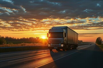 Box truck on the road at sunset, cargo truck