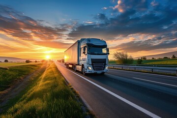 Fototapeta na wymiar Box truck on the road at sunset, cargo truck