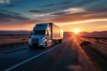 Box truck on the road at sunset, cargo truck - obrazy, fototapety, plakaty