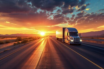 Box truck on the road at sunset, cargo truck