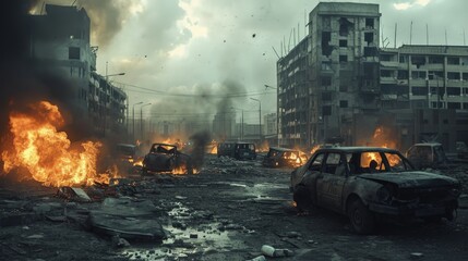 Destroyed city with burning cars and buildings, city devastated after bombing, City on fire - obrazy, fototapety, plakaty