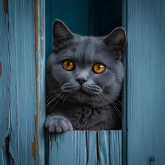 Cat pokes its head through a rustic wooden door