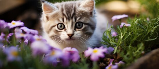 Adorable kitten in a garden with violet daisies.