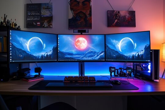 Three monitor desk setup