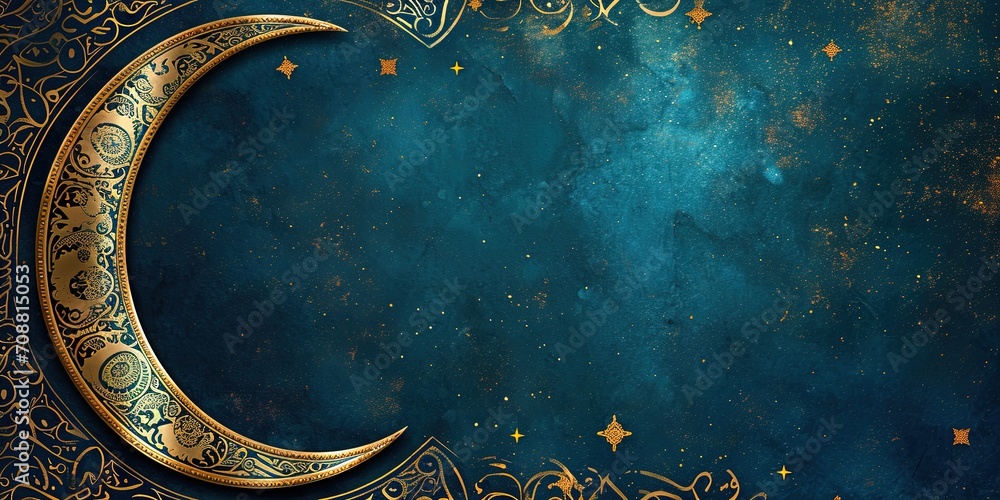 Wall mural Blue Ramadan card with golden moon