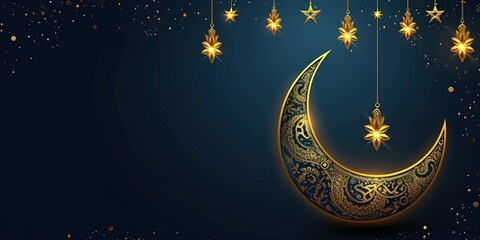 Obraz na płótnie Canvas Blue Ramadan card with golden moon and lantern