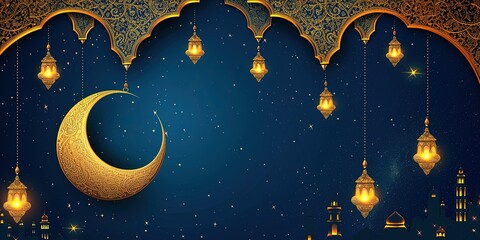 Blue Ramadan card with golden moon and lantern