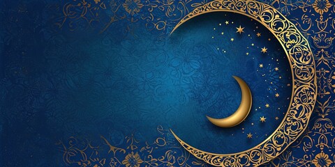 Blue Ramadan card with golden moon - obrazy, fototapety, plakaty