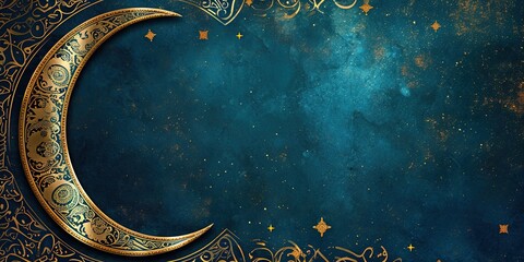 Blue Ramadan card with golden moon - obrazy, fototapety, plakaty