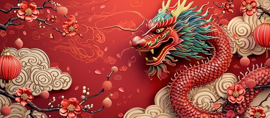Chinese new year card with dragon, lanterns and branch with flowers on red background