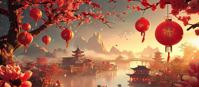 Chinese new year card with temple, lanterns and red trees