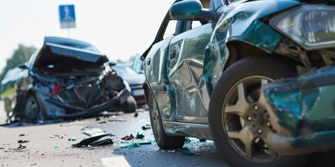 Accident between two cars, crashed cars, traffic accident