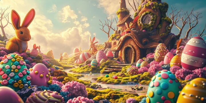 Easter fantasy world with bunnies, giant chocolate eggs and colorful sweets