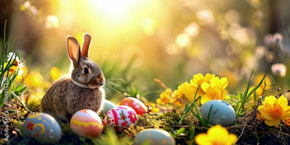 Wall mural rabbit among colorful eggs and flowers