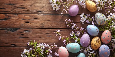 Obraz na płótnie Canvas Colorful eggs and flowers on wooden background with copy space