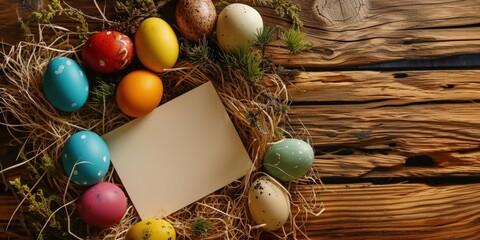 Fototapeta na wymiar Easter card with colorful eggs, flowers and sheet of paper on wooden background