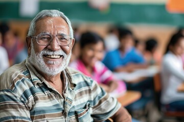 Elderly man studying in the classroom, Cheerful elderly man at school