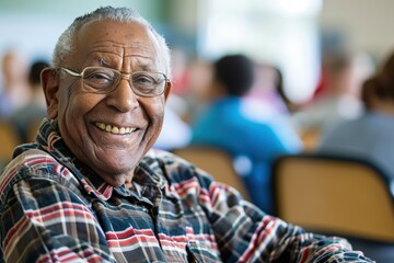 Obraz premium Elderly man studying in the classroom, Cheerful elderly man at school