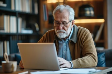 Fototapeta premium Elderly man working with laptop at office desk, Old man working in the office
