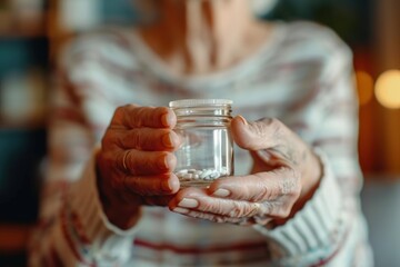 Elderly woman holding medicine bottle indoors, Elderly woman with medication
