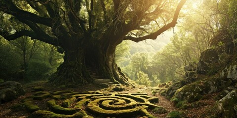 Giant sacred tree with labyrinth at the roots