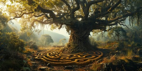 Giant sacred tree with labyrinth at the roots
