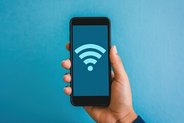 Hand holding cell phone with WIFI icon on screen isolated on blue background