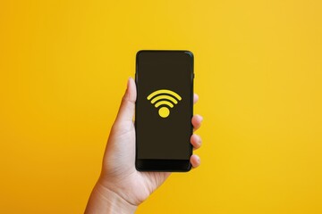 Hand holding cell phone with WIFI icon on screen isolated on yellow background - obrazy, fototapety, plakaty