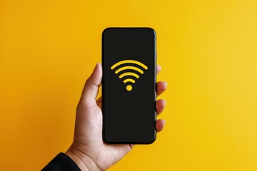 Hand holding cell phone with WIFI icon on screen isolated on yellow background