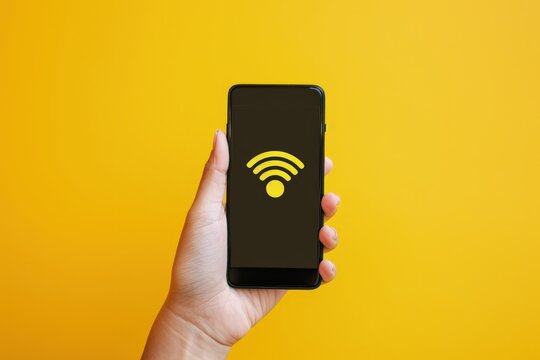 Hand holding cell phone with WIFI icon on screen isolated on yellow background