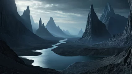 Zelfklevend Fotobehang Nachtblauw Strange alien landscape with dark atmosphere