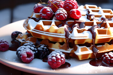 Delicious Belgian waffle. Generative AI.
