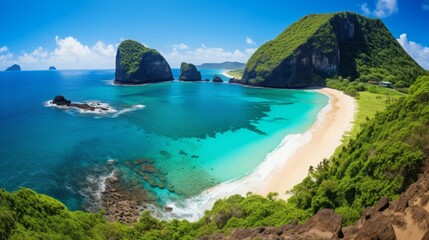 Fototapeta premium Serene Tropical Beach Paradise with Lush Greenery