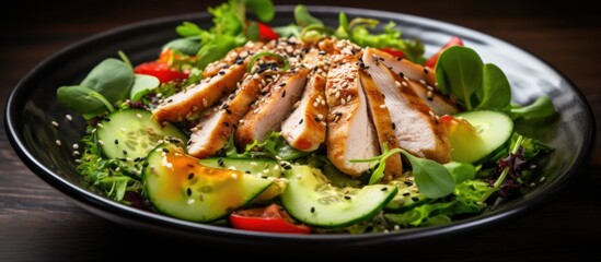 Fresh green salad with chicken, cucumbers, lettuce, sweet pepper, avocado, arugula, sesame seeds.