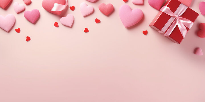 A festive background filled with candy, hearts and gift boxes.  Background with gifts and hearts with free space for text on pastel pink background, Valentines day concept.