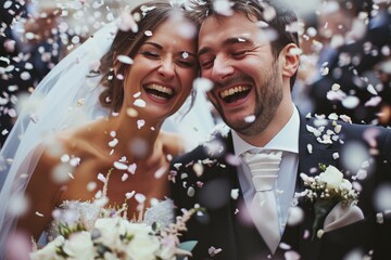 Newly married couple receiving confetti rain, Wedding of a man and a woman, happy wedding couple