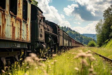 Obraz premium Old locomotive with many carriages passing through Swiss landscape during summer