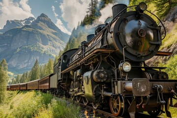 Obraz premium Old locomotive with many carriages passing through Swiss landscape during summer