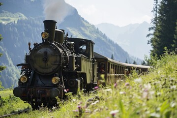 Fototapeta na wymiar Old locomotive with many carriages passing through Swiss landscape during summer
