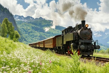 Fototapeta na wymiar Old locomotive with many carriages passing through Swiss landscape during summer