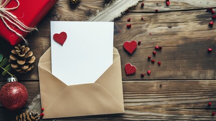 Envelope with blank letter, hearts and gift box on wooden background, love letter, valentine's day
