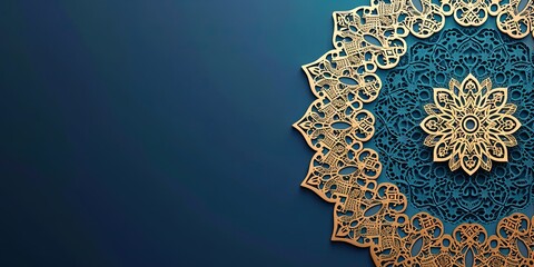 Blue ramadan card with arabic pattern and copy space