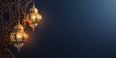 Ramadan card with lanterns and arabic decoration on blue background with copy space