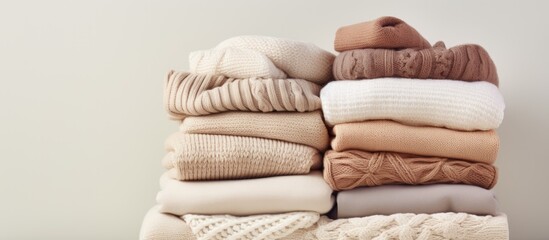 Heap of neutral woolen garments on a pale backdrop. Cozy knitted sweaters and scarves stacked together.