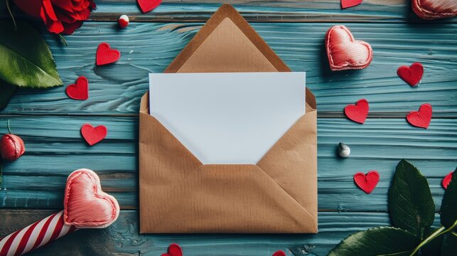 Envelope with blank letter, hearts and flowers on blue wooden background, love letter, valentine's day