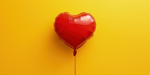 Red balloon in the shape of a heart isolated on yellow background with copy space, Valentine's Day