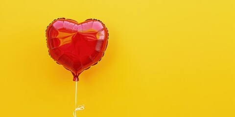 Red balloon in the shape of a heart isolated on yellow background with copy space, Valentine's Day